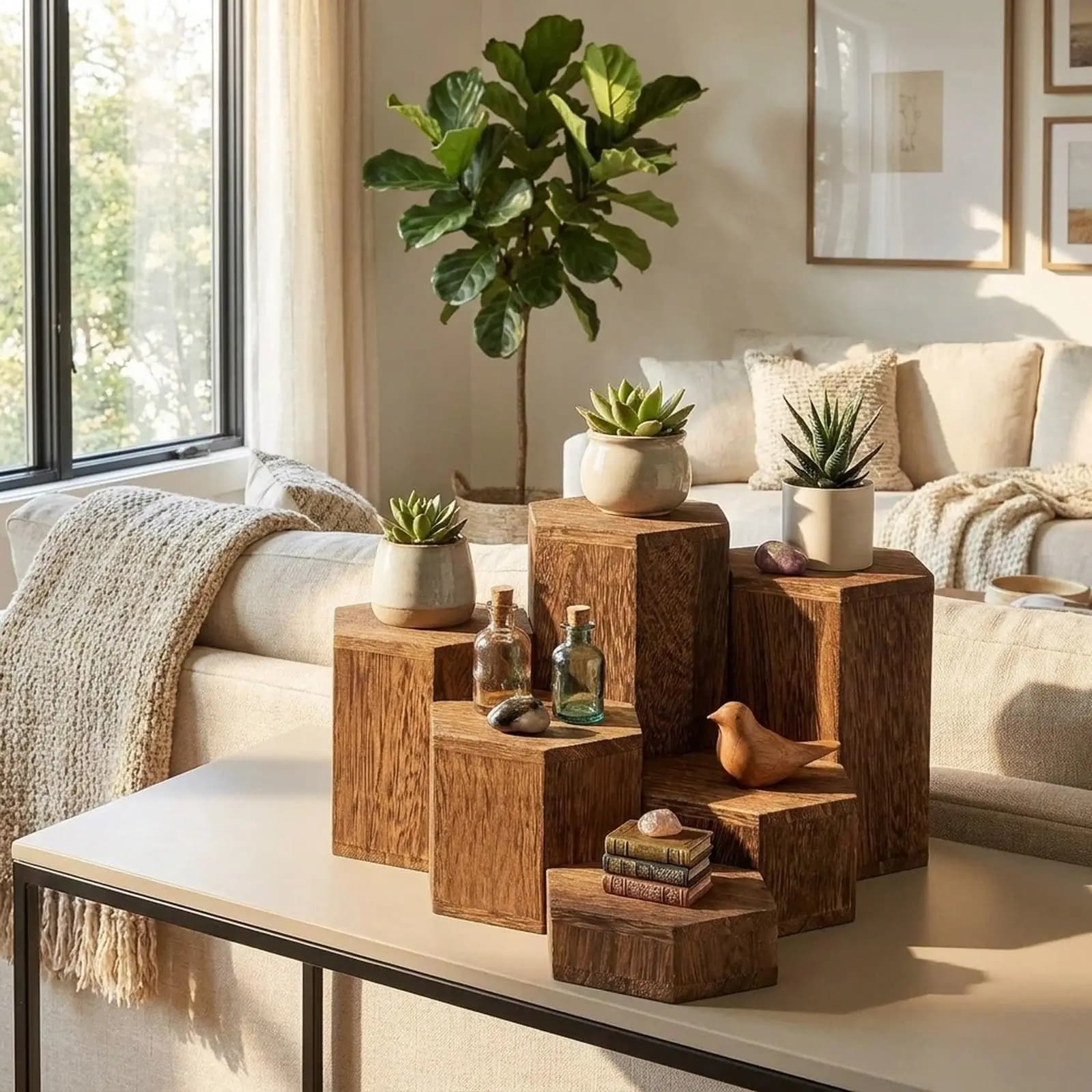 Hexagonal Display Blocks Tiered Wood Shelf Display Stand for Perfume Jewelry Restaurant Cabinet