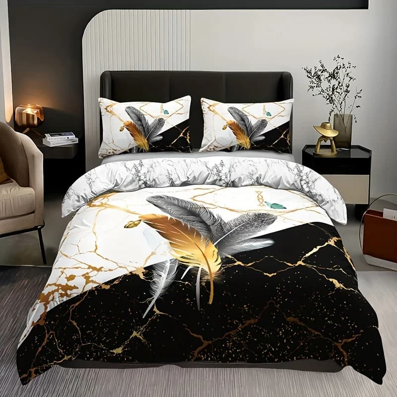 Set copripiumino moda 3 pezzi Set biancheria da letto con stampa piuma di marmo abbronzante, copripiumino morbido e confortevole, per camera da letto, camera degli ospiti