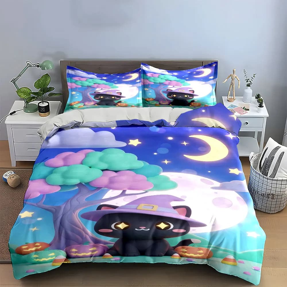 Set di decorazioni per Halloween con gatto dei cartoni animati, set di biancheria da letto con 1 copripiumino, 2 federe, singolo, matrimoniale, king size, queen size, regalo