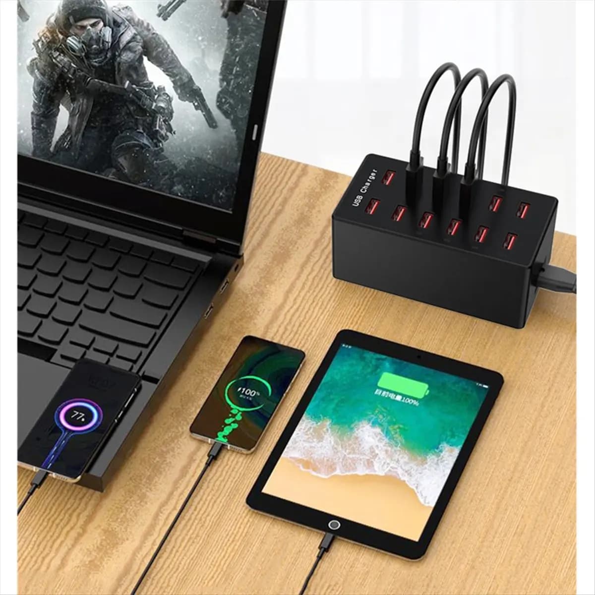 Stazione di ricarica USB Caricatore a 12 porte Stazione di ricarica da tavolo Hub di ricarica USB Caricatore rapido in ABS Spina UK per telefono cellulare