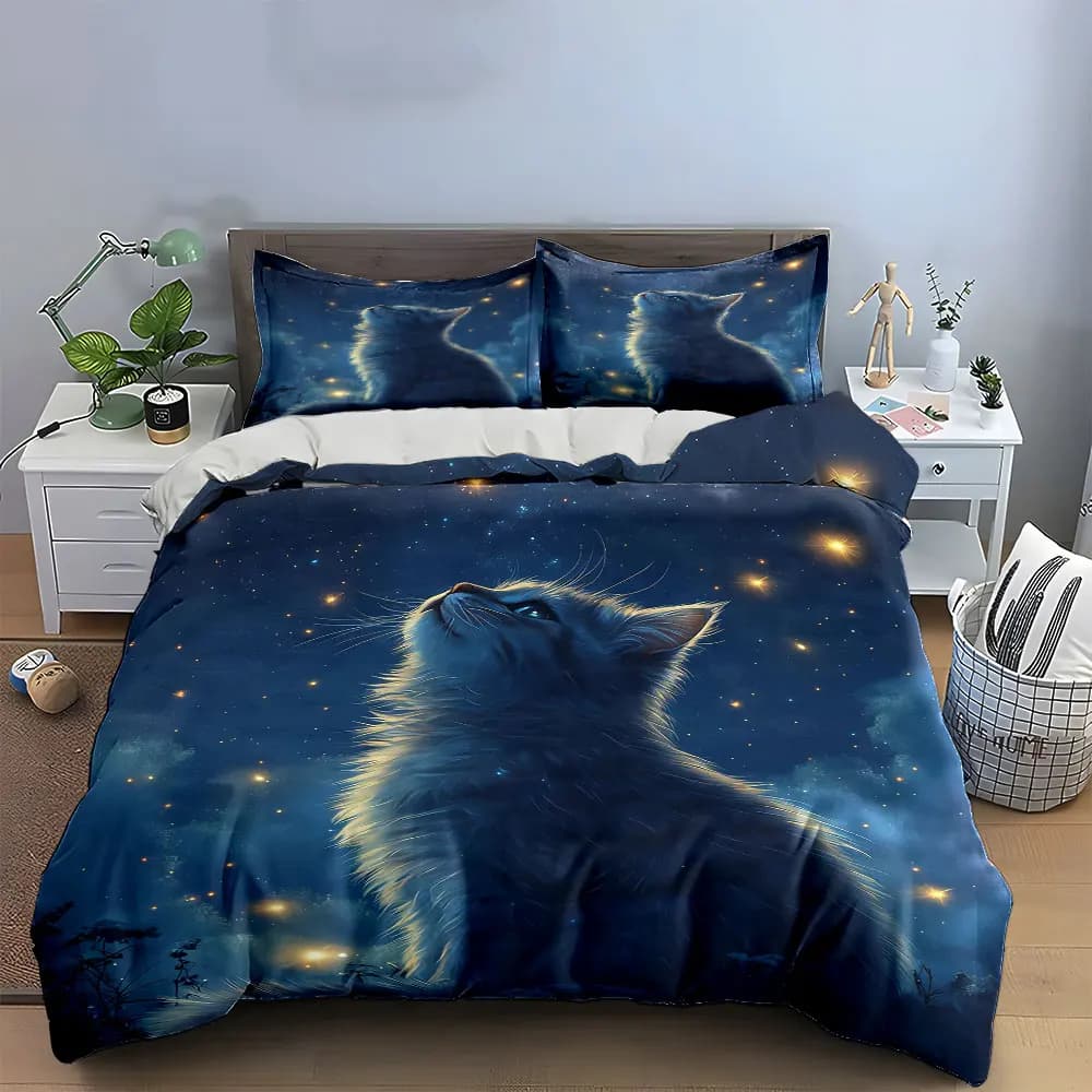 Set decorativo per gatti Starry Night, set di biancheria da letto morbido e confortevole, include 1 copripiumino e 2 federe, regalo