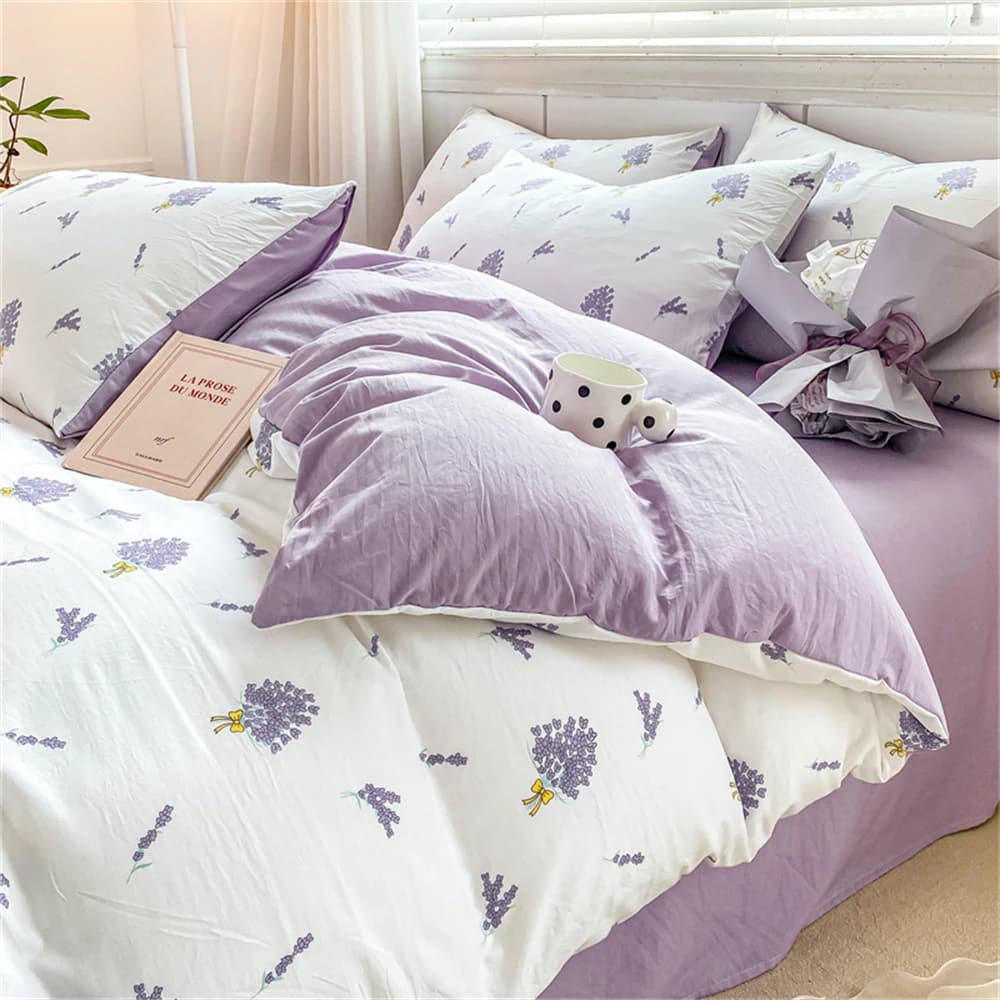 Tessili per la casa Set di biancheria da letto morbido in quattro pezzi Federa Copripiumino con fiori in cotone lavato viola per bambini Donna Uomo Lenzuolo