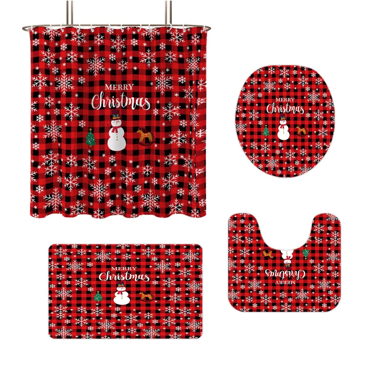 Set da 4 pezzi per bagno con stampa pupazzo di neve a quadretti rossi natalizi, tenda da doccia impermeabile 180x180, tappetino per WC a forma di U