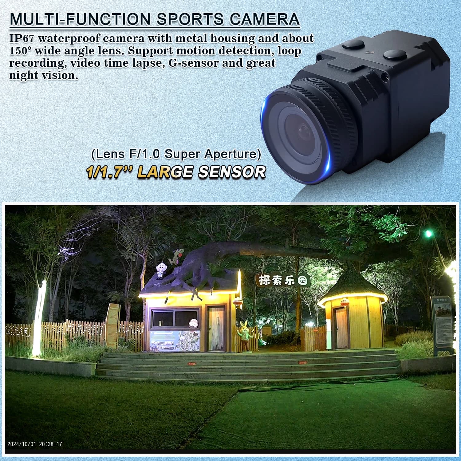 Super Low Light SLL1 Sports Action Camera HD FOV150° f/1.0 Aperture 1/1.7'' IP67 Waterproof Camcorder