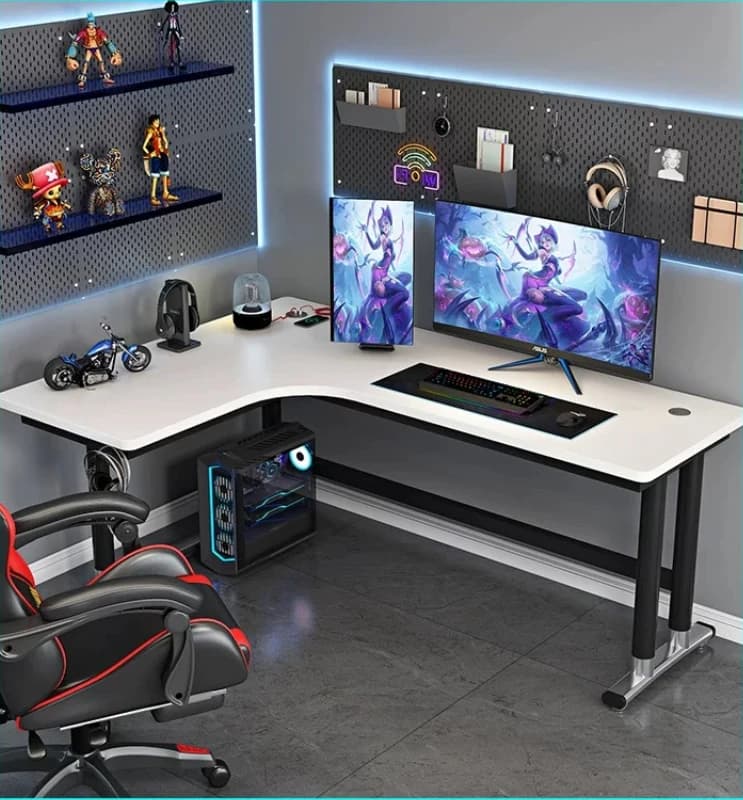 T*-Black L-Shaped Gaming Desk with CPU Holder, Large Corner Computer Workstation for Dual Monitors