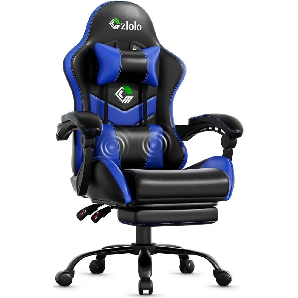 Sedia da Gaming Stile Racing con Massaggio Lombare e Gambe in Metallo, Sedia da Scrivania Girevole con Schienale Alto in Blu Brillante