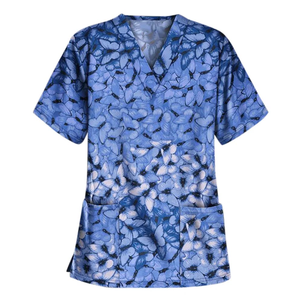 Nursing Uniform for Women Concise Butterfly Print Vet Medico Tops Summer V-Neck Short Sleeve Tee Health Care Scrub Medical Woman