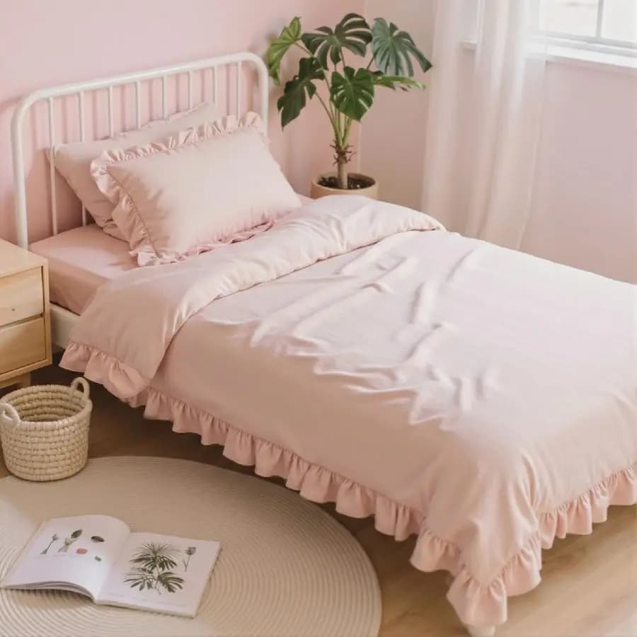 Set Cover Double 5 Pieces, Pink, Complete Set with Sheets, Set Bed Linen Shabby Chic with Volant for All Seasons, 1 Cover, 1 Cushion