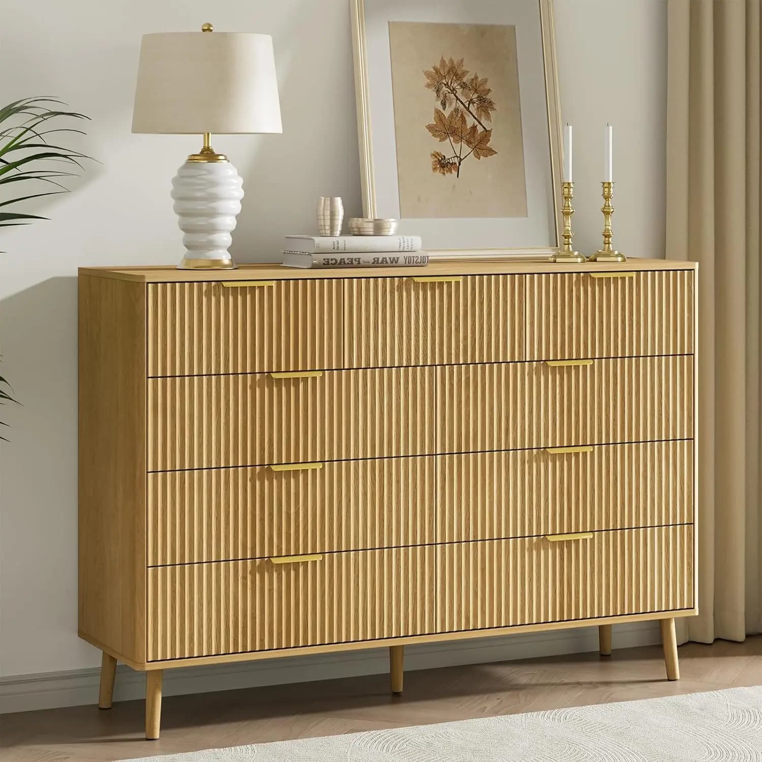 Cassettiera scanalata a 9 cassetti, larga 55 pollici, moderna, con profilo curvo, maniglie in metallo, mobile TV in legno, organizer contenitore per camera da letto e corridoio, in rovere, personalizzabile