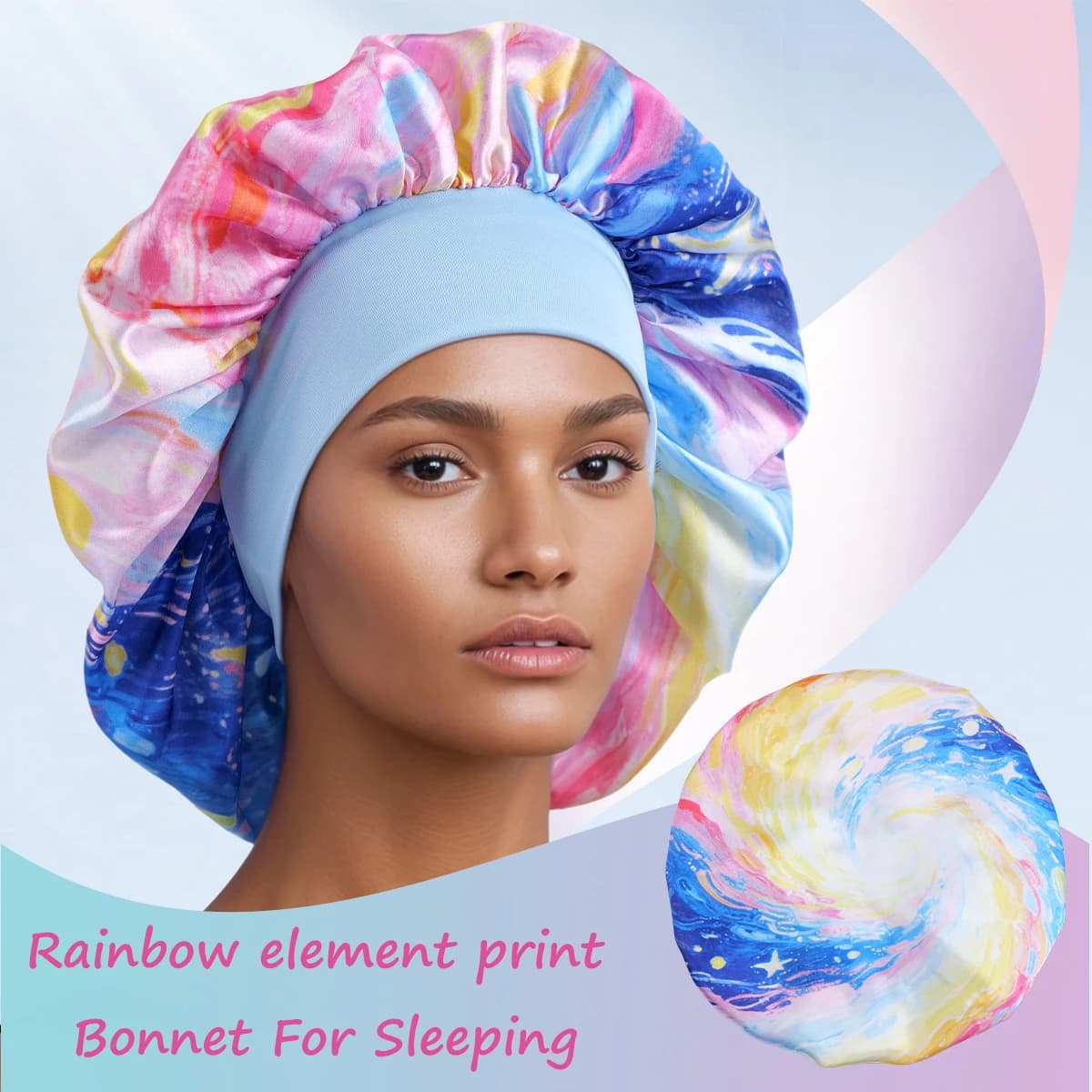 Sleeping hood with star print large elastic satin, extra large hair wrap for night protection, shower use, hair care head with soft band