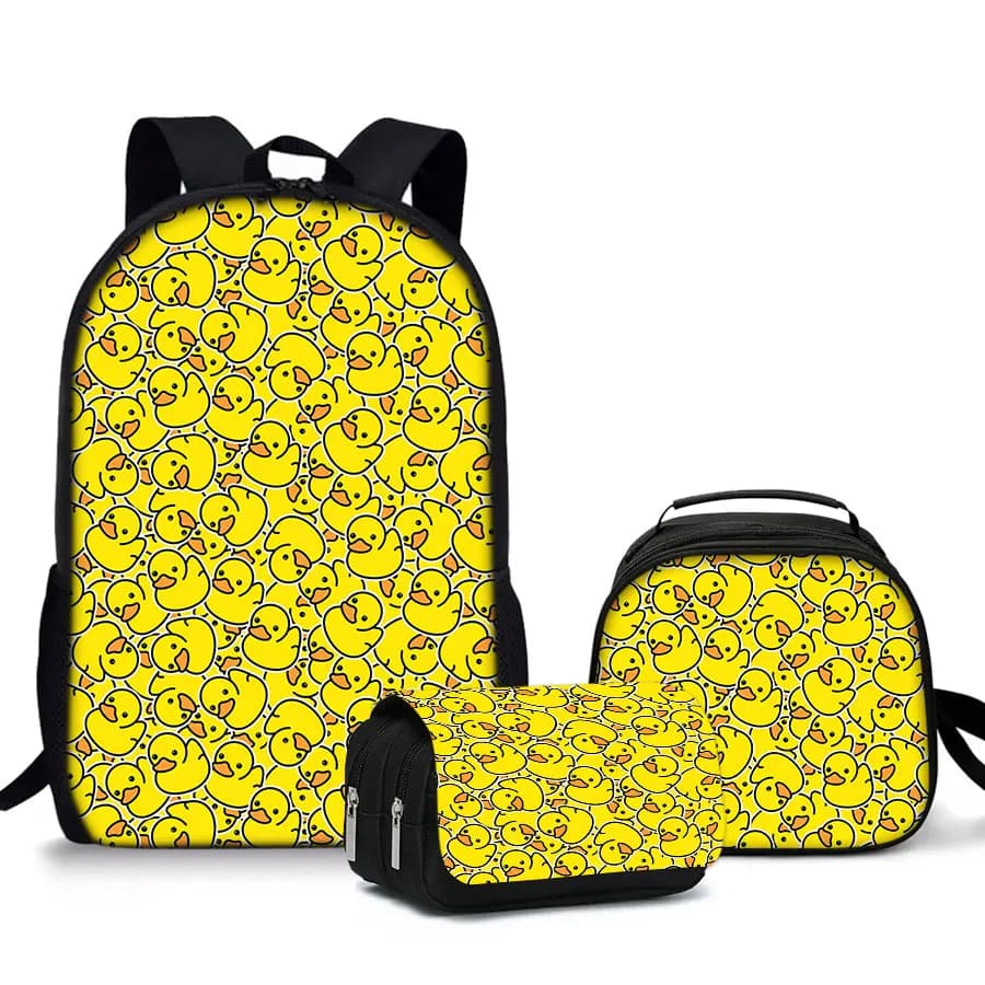 Set di 3 Pezzi: Borse Pranzo Rotonde a Forma di Paperella Gialla, Astucci per Matite, Zaini Scolastici per Ragazzi/Ragazze, Migliori Regali, Zaino 2D a Cartone Animato per Bambini