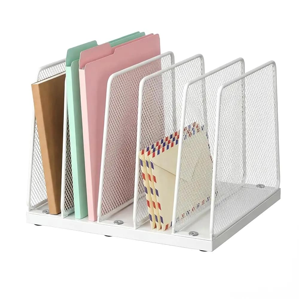 Organizzatore per Documenti da Scrivania, Portadocumenti Verticale a 5 Scomparti, Porta Cartelle in Metallo e Legno per Ufficio