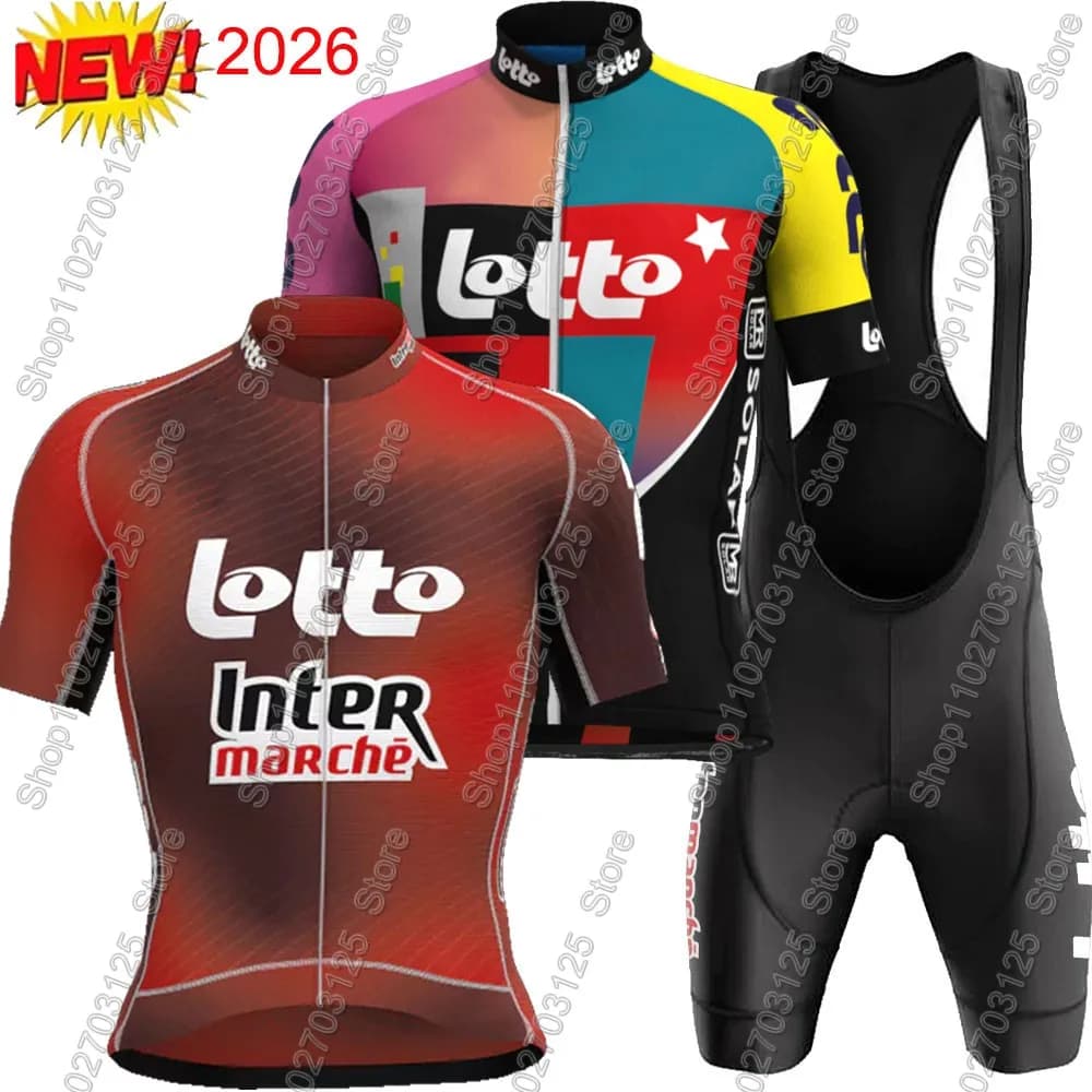 Complete with Cycling Lotto Team 2026, Short Sleeves and Shorts with Bretelles for Men, Road and MTB Bike Clothing, Style Belgium