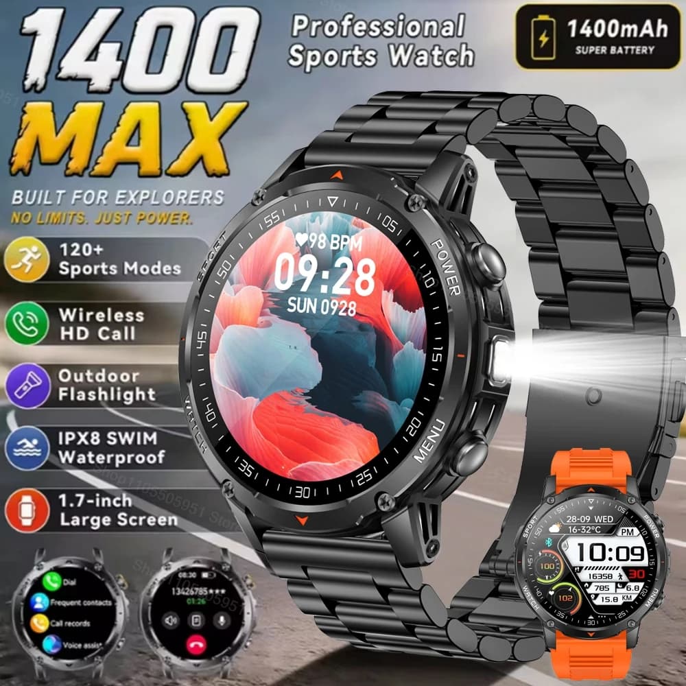 2026 New Outdoors Military 1400mAh Battery Smart Watch Men IP69K Waterproof LED Flashlight Heart Rate Sports tracker Smartwatchs