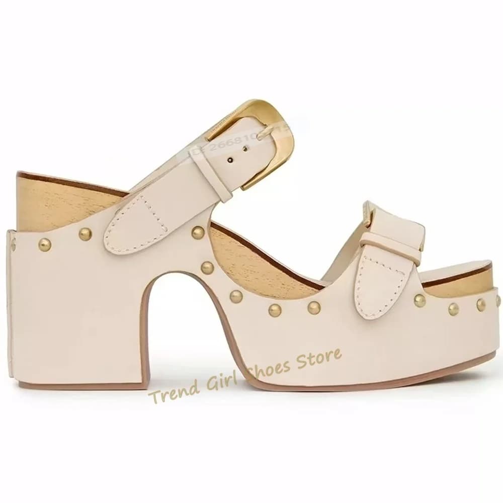 Nuovi Sandali Donna con Rivetti a Striscia Unica, Tacco Medio Grosso, Cinturini con Fibbia Solida, Punta Aperta, Slip-On, Designer, Moda