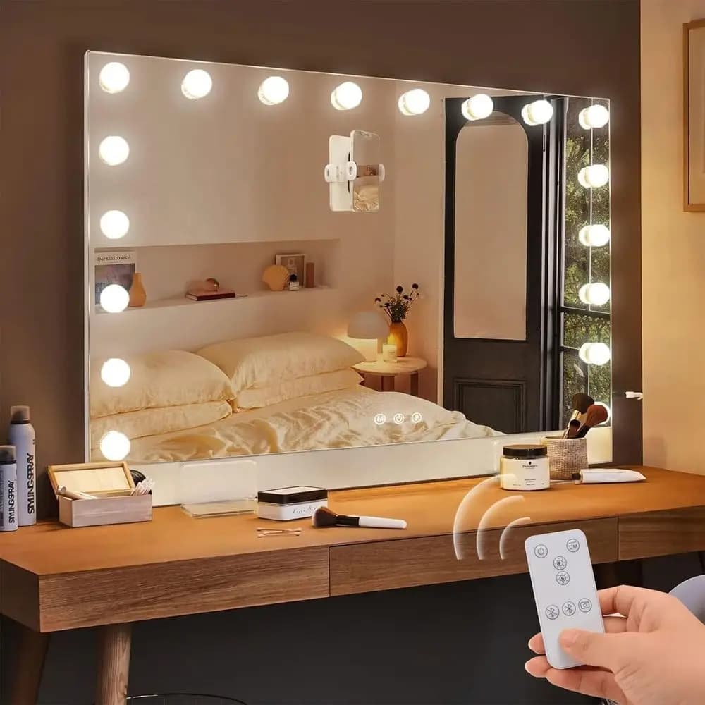 Specchio per Trucco LED 31.5x22.8 con Altoparlante Bluetooth, 18 Lampadine Dimmerabili e Porta di Ricarica USB