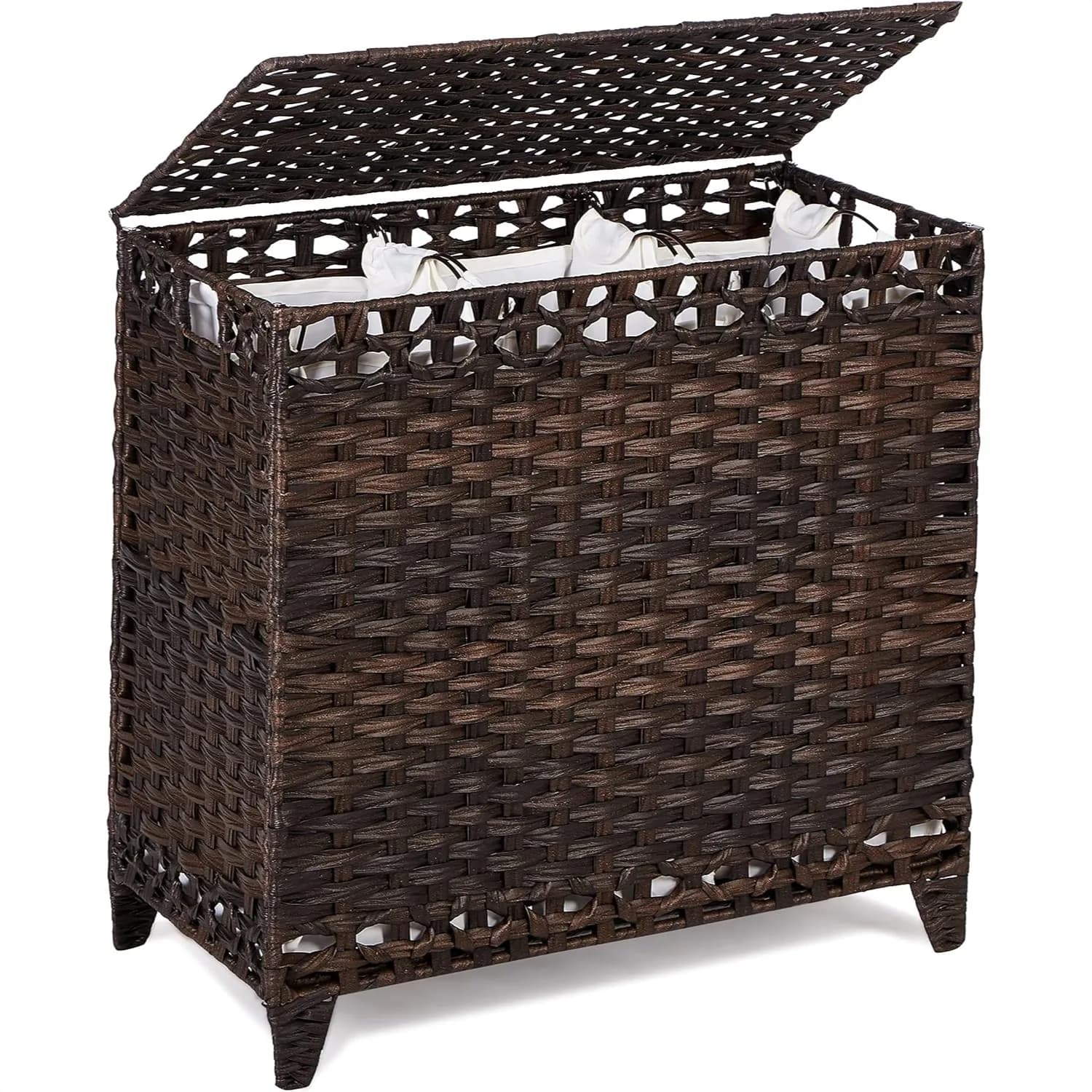 Cesto Portabiancheria con 3 Sacchi Rimovibili, Cesto in Rattan Intrecciato a Mano da 132L con Coperchio e Piedini Rialzati, Organizzatore di Vestiti per Camera da Letto