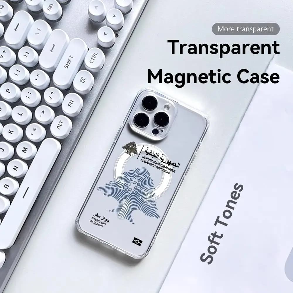 Custodia per telefono con design del passaporto del Libano per iPhone 17 16 15 14 13 12 Pro Max Plus, trasparente, compatibile con MagSafe e ricarica wireless