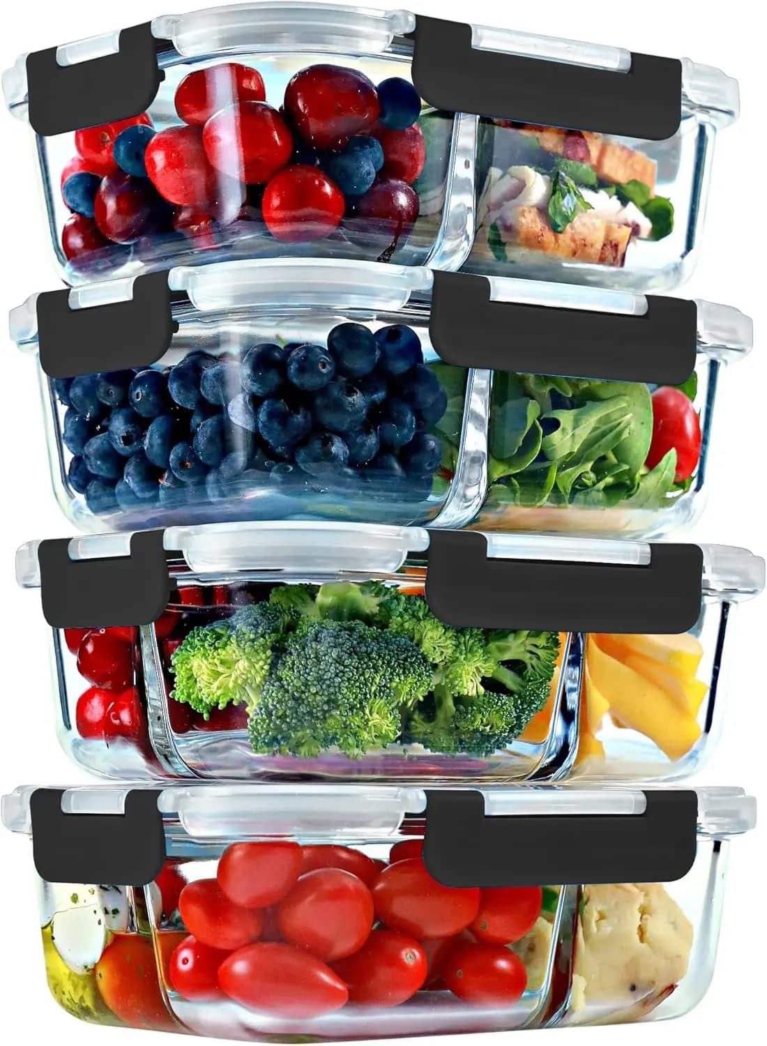 Contenitori in Vetro per Preparazione Pasti, 2 e 3 Scomparti – Contenitori in Vetro da 32 oz con Coperchi, Contenitori per Alimenti con Coperchi Neri, Adatti al Forno