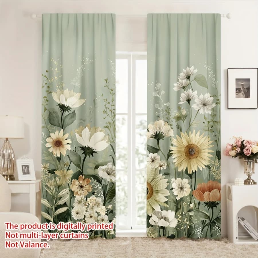 2PCS Digital Printed Curtains, Summer Green Flower Bushes Pattern, Stylish Window Treatment for Living Room Bedroom Decor