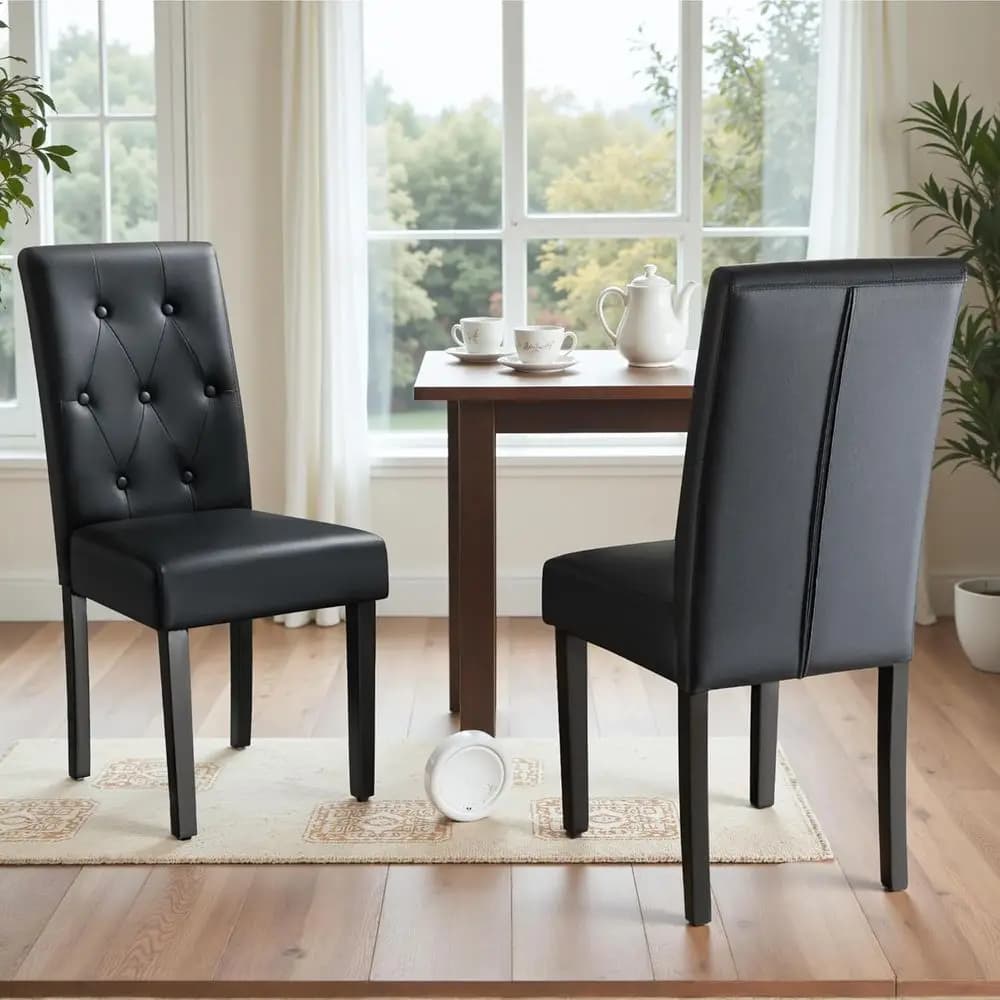 Coppia di Sedie da Pranzo in Pelle PU con Bottoni e Gambe in Legno Regolabili per Cucina, Sala da Pranzo o Ristorante (Nero)
