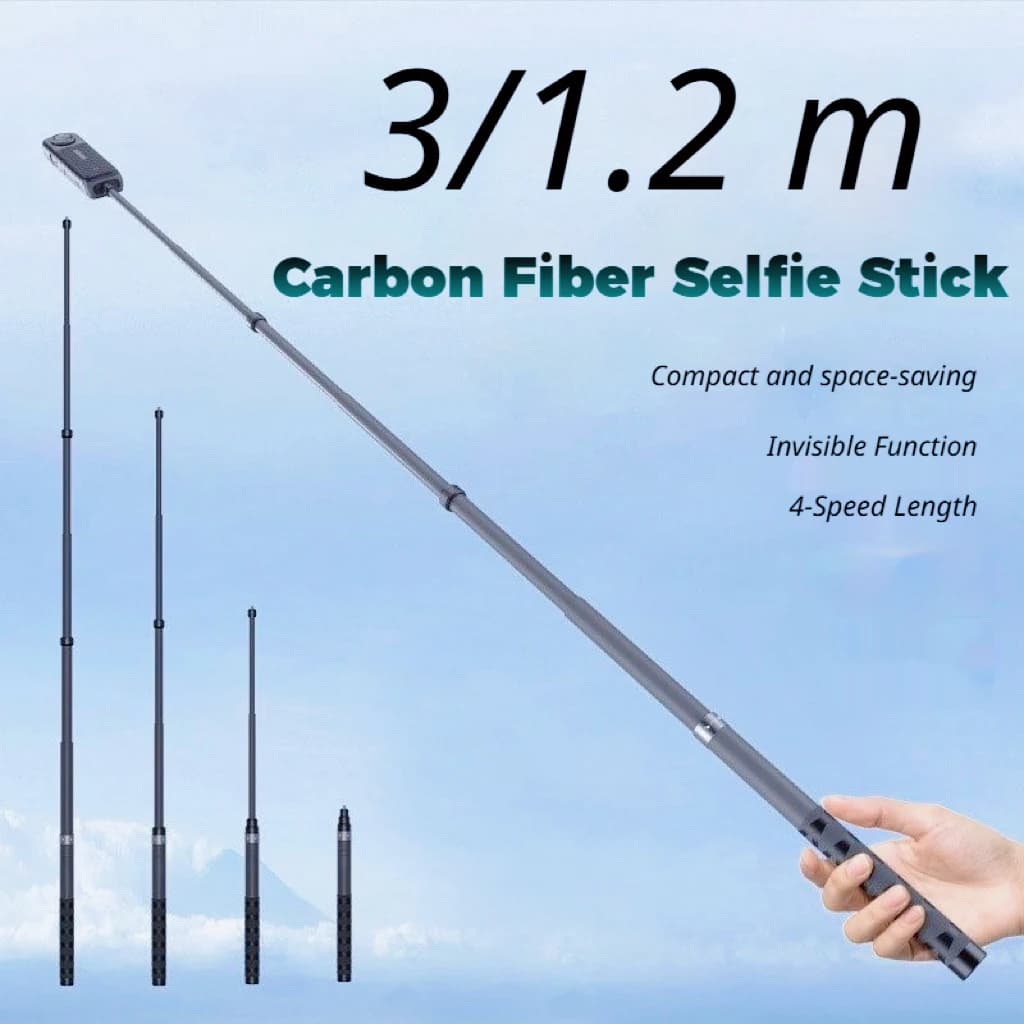 3M/1.2M Invisible Selfie Stick Carbon Fiber Extended Monopod 47.2" Long Pole for DJI Osmo 360/Nano/Action 6 5 4 3/Insta360 X5/X4