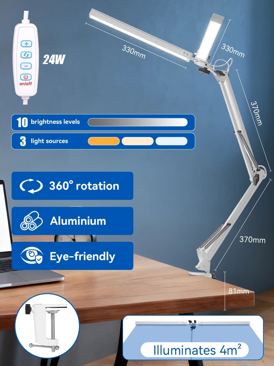 Lampada da scrivania a LED da 24 W Lampada da lettura pieghevole dimmerabile Lampada da tavolo pieghevole con clip sulla luce del monitor Lampada da lavoro a doppia testa USB per studio da ufficio