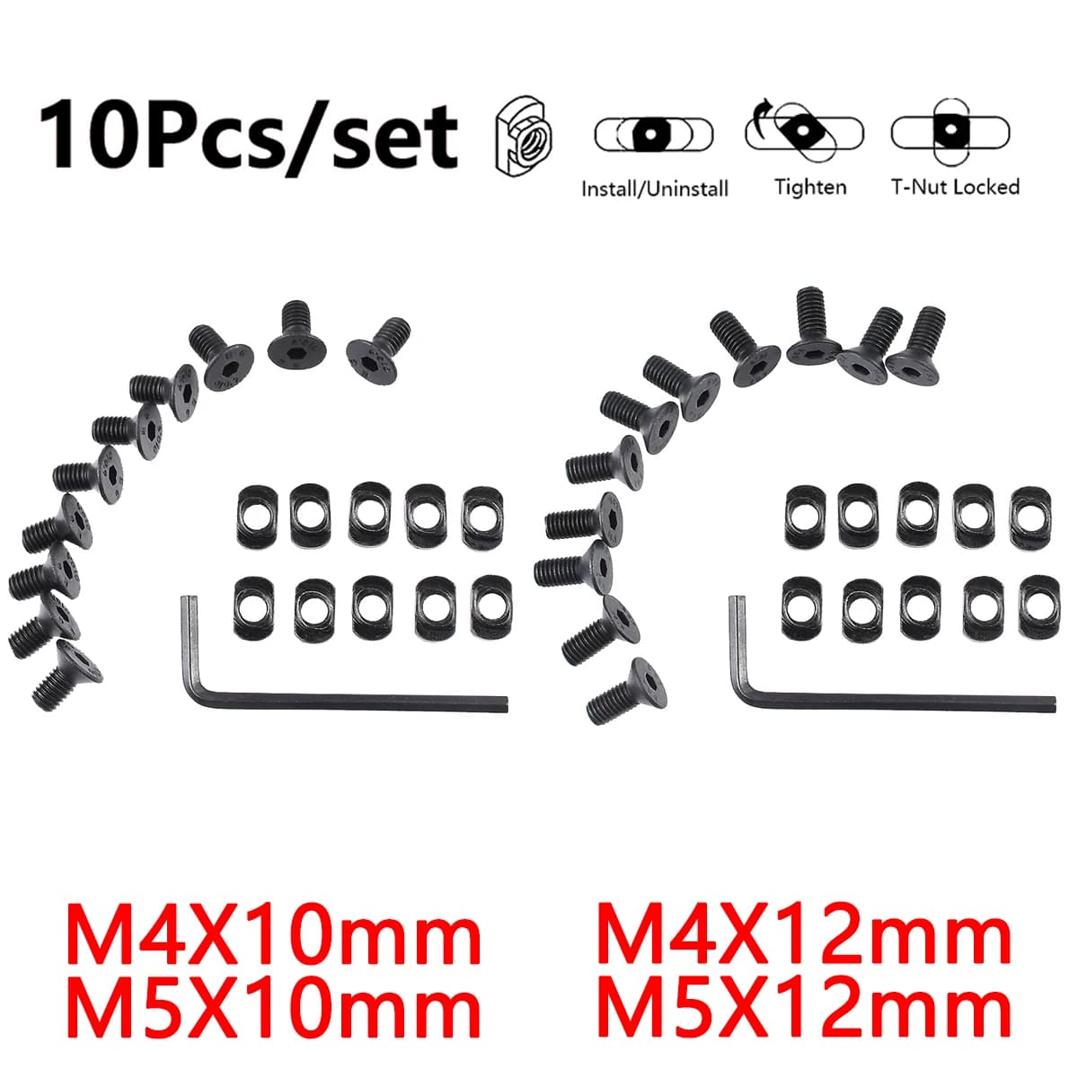 10Pcs M4 M5 12mm 10mm Thread M-LOK Screw Nut Replacement Rails T-Nut Screw Set MLOK Handguard Rail Sections Hunting Accessories