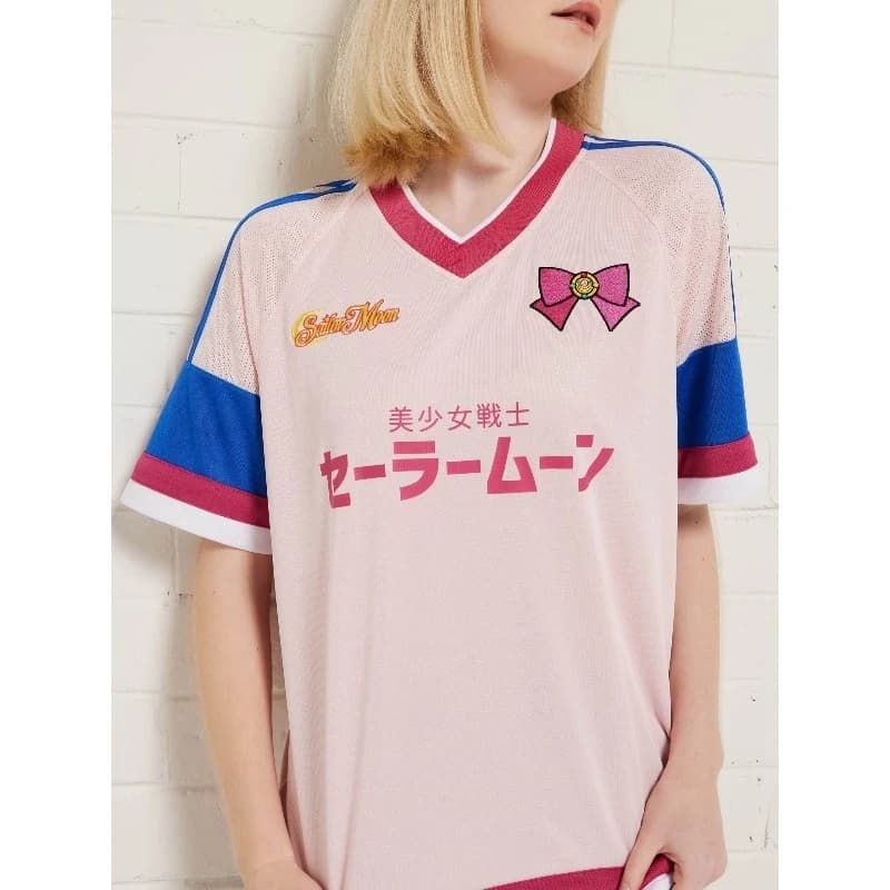 Maglietta Sportiva Anime Sailor Moon da Donna con Ricamo a Fiocco e Scritta Giapponese, Top Casual Streetwear