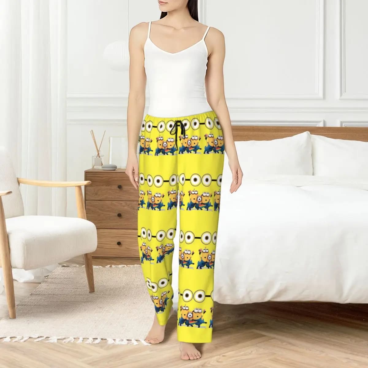 Custom M-Miniones-Anime Pajama Pants Women Yellow Capsule-Shaped Lounge Sleep Stretch Sleepwear Bottoms with Pockets