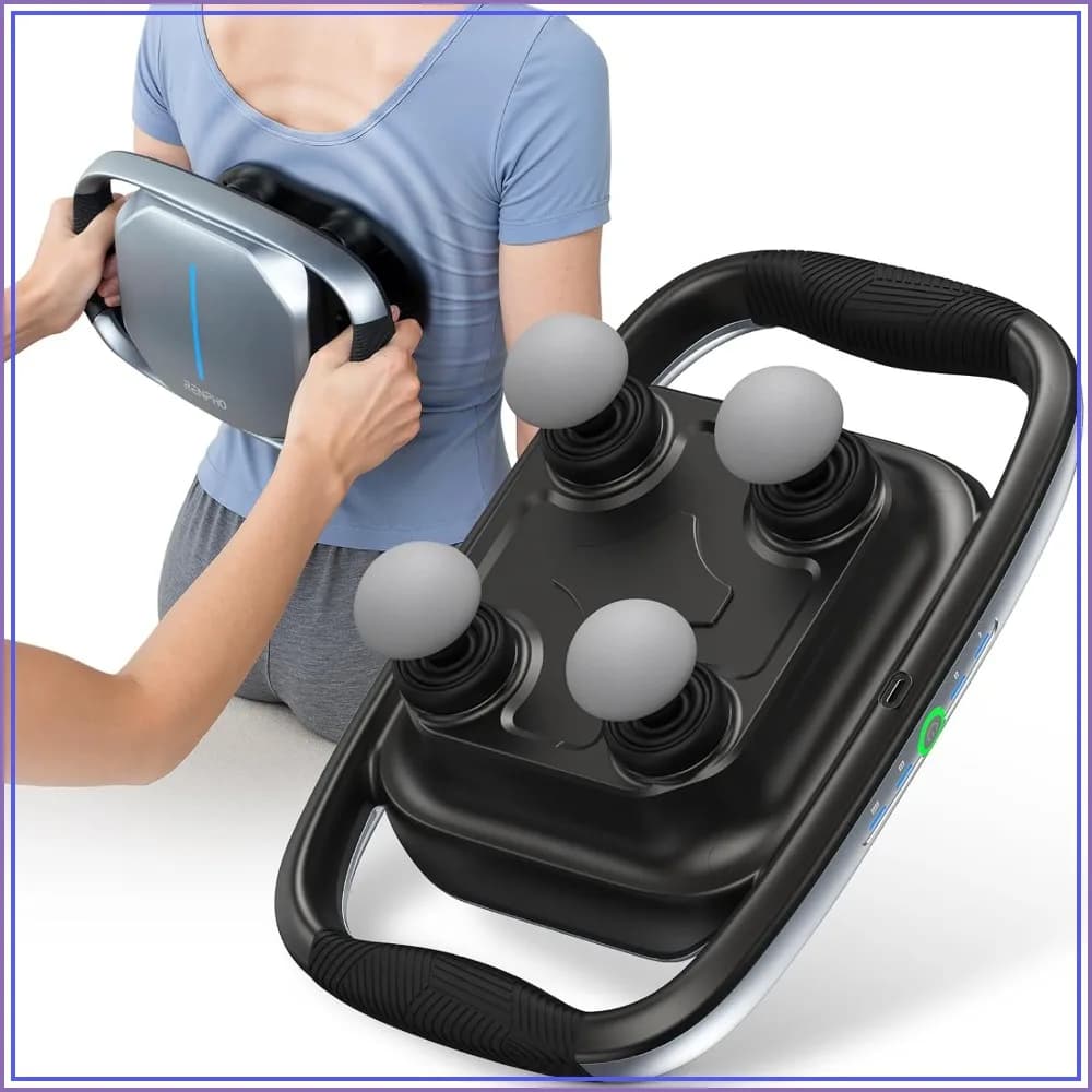 Massage Gun Background of Fabrics, Portable Massage for the Column with 4 Heads, Percussion Instrument for Back and Square, HSA approved