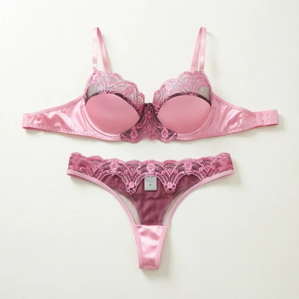 Pink Satin Lace Lingerie Set - Gathered Half-Cup Bra Thong Panties - Date-Oriented Sensual Women's Lingerie ZA825289