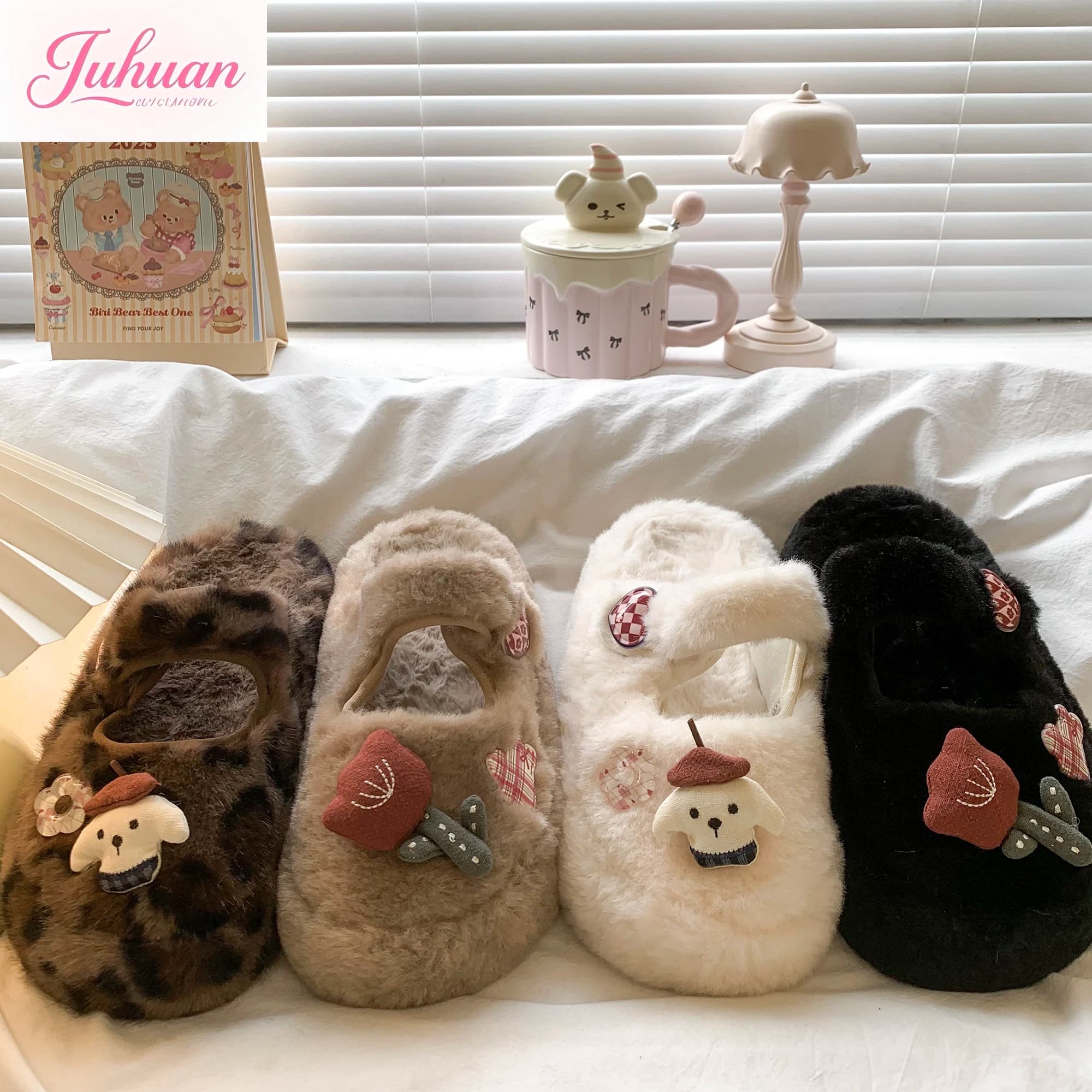 Cartoon Cute Bag Head Half Slippers Women's Outer Wear 2025 Autumn Winter Thick-bottomed Velvet Warm Non-slip Fluffy Cotton Mop