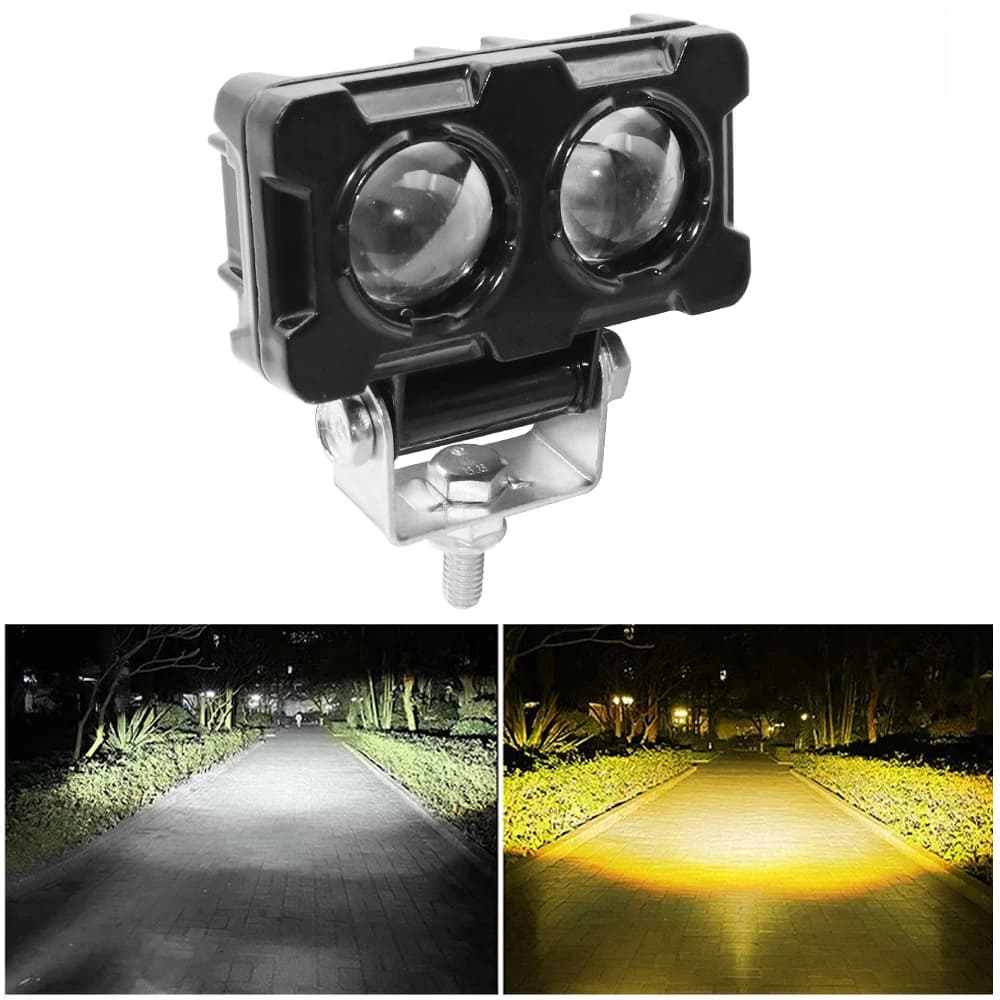 1PCS 20W Lente Faretto Doppi Lenti Faretto Moto LED Moto Ausiliaria Fendinebbia Doppio Colore Bianco Luce Gialla