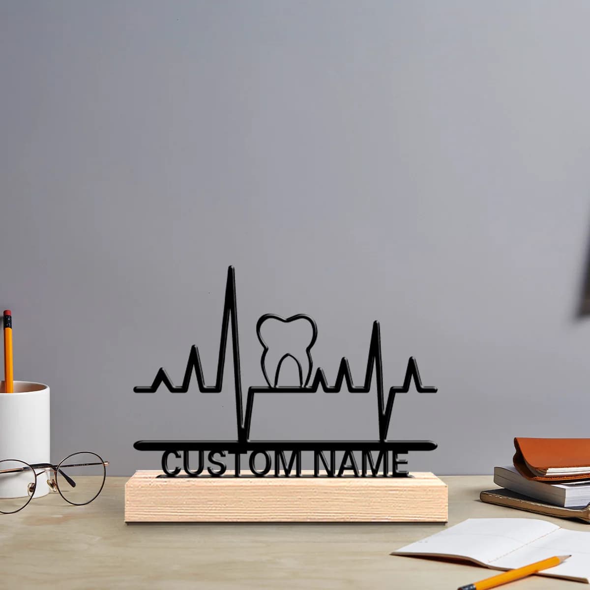 1pc Interesting Desktop Metal Statues Customizable Content With Wooden Base Desktop Decoration That Does Not Require Assembly