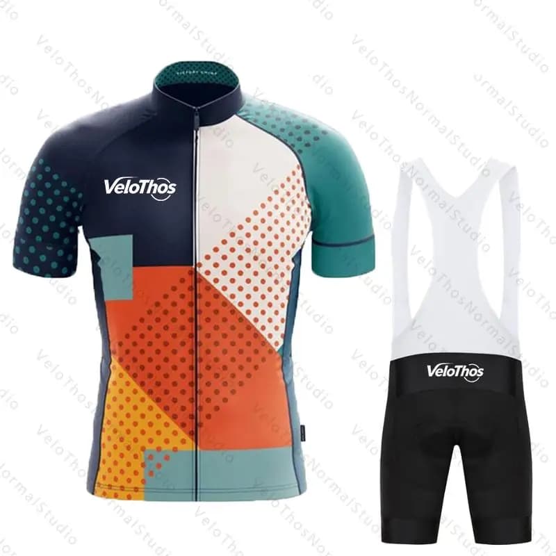 VeloThos Set da ciclismo a maniche corte, maglia e pantaloncini con bretelle, abbigliamento da ciclismo professionale, tuta estiva MTB, Ropa Maillot traspirante
