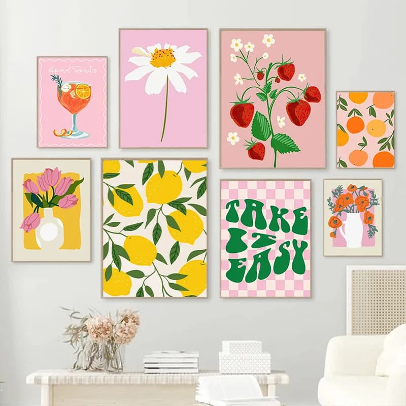 Colorful Homecoming Lemon Strawberry Flower Print Canvas Painting Nordic Abstract Food Aesthetic Posters Bedroom Wall Art Dec