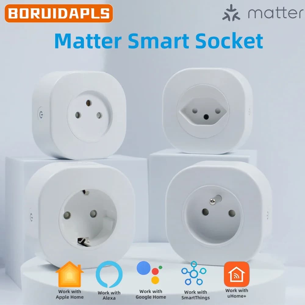 BORUIDAPLS Matter EU|FR|CH|IS Smart Plug Works Alexa Apple Home SmartThings with Remote Voice Control Timer Save Energy Metering