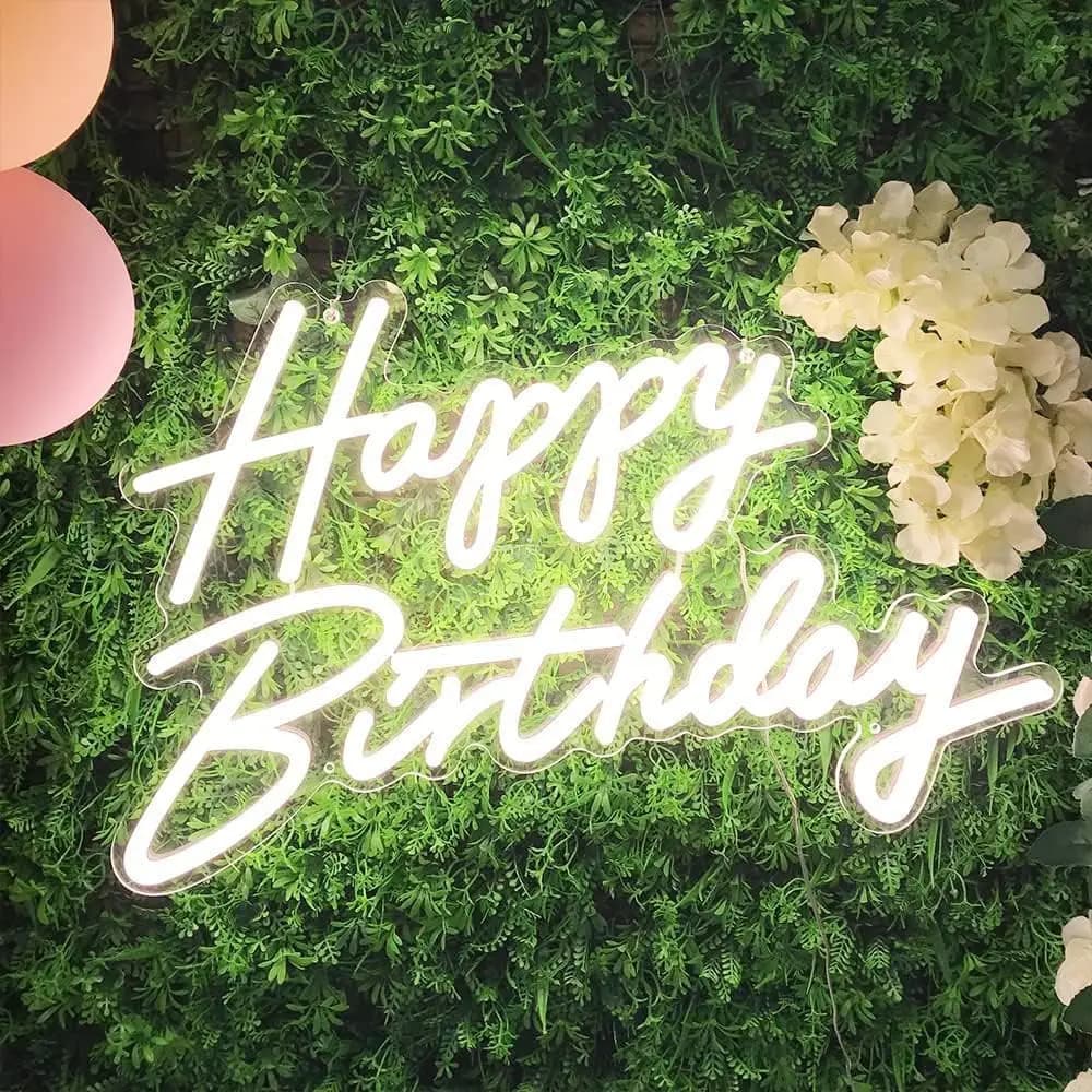 Insegna al neon di buon compleanno, decorazione illuminata a LED da 22,4x13,8 pollici per sfondo festa, bianco caldo riutilizzabile
