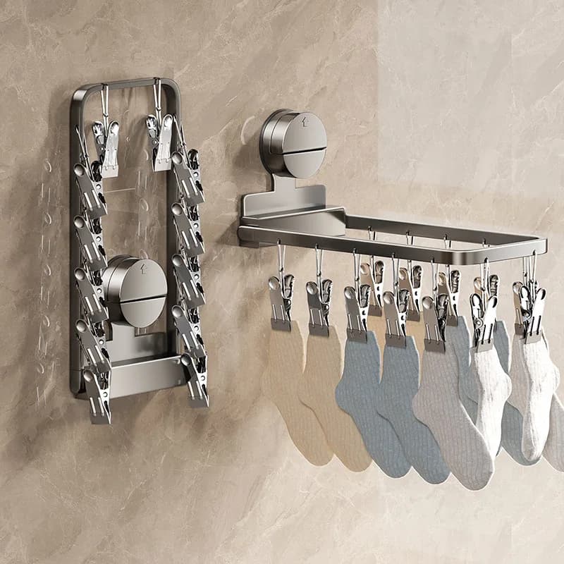 Foldable wall suction cup rack with 12 clips for socks, underwear, clothes for babies, towels, for home, hotel, laundry, camper