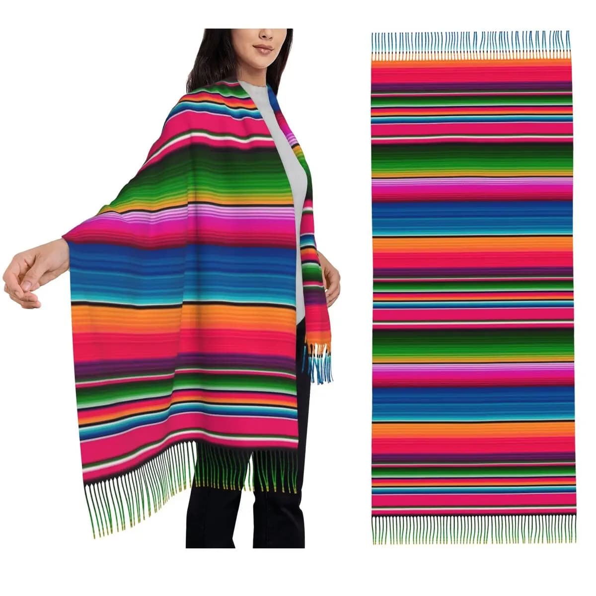 Coperta messicana a righe Fiesta Serape Sciarpa Sciarpe con nappe Donna Scialli e stole morbidi e caldi Scialle lungo autunno inverno