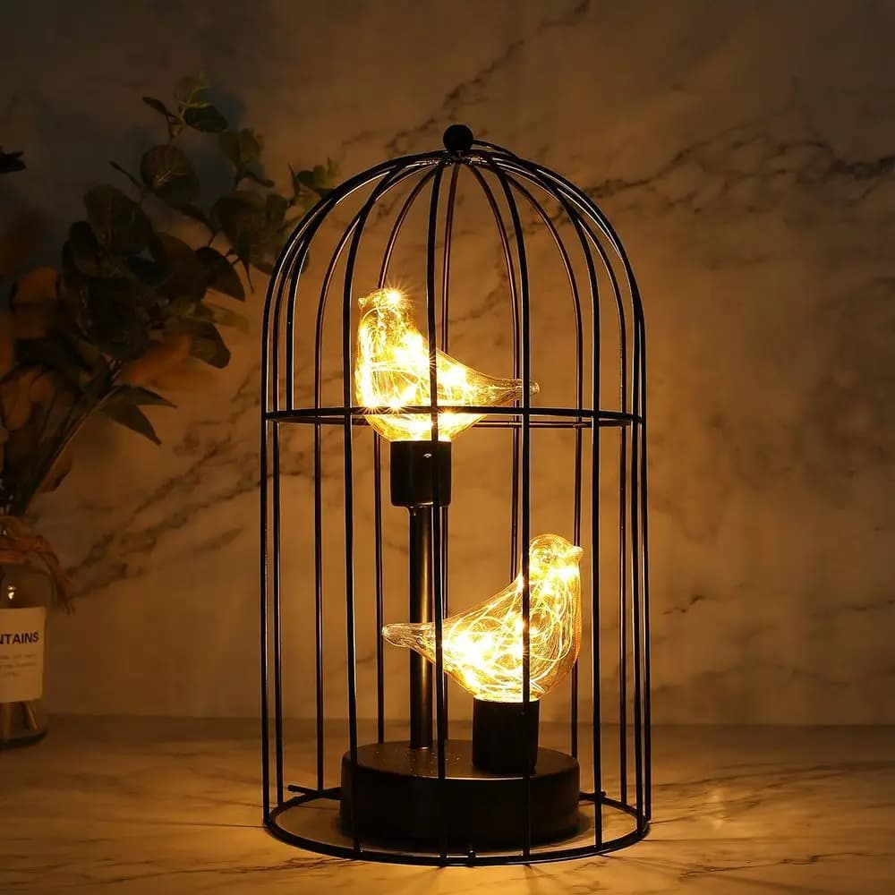 Lampada Decorativa a Forma di Gabbia per Uccelli, a Batteria, 12 Ore di Autonomia, Lampada da Tavolo Senza Fili con Luci Bianche Calde, Lampadina a Forma di Uccello per Interni, Camera da Letto, Soggiorno
