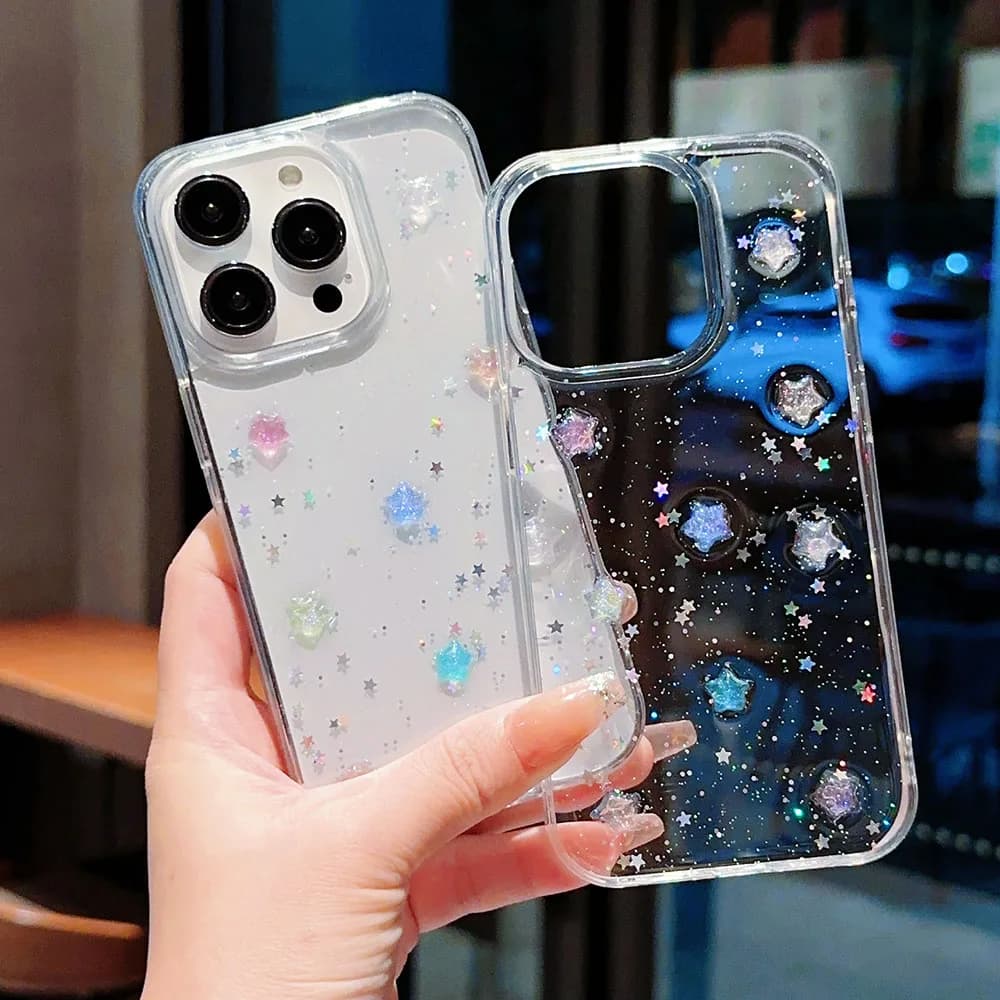 Custodia con glitter stelle nottilucenti luminose stella di cristallo 3D per iPhone 16 15 14 Plus 13 11 12 Pro Max Plus Paillettes Bling Cover trasparente