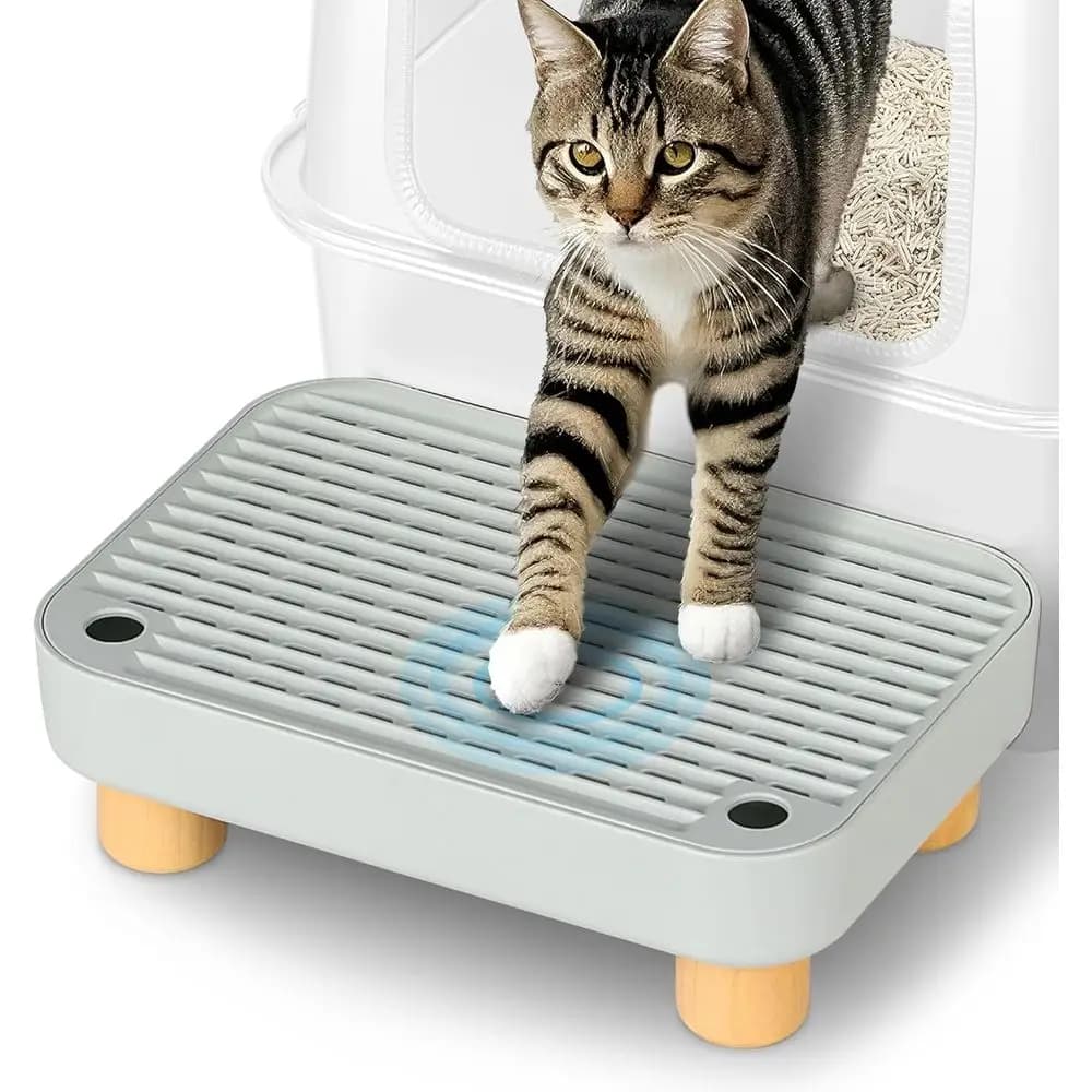 Lettiera per Gatti con Base in Legno Grigio e Raccoglitore, Anti-Tracciamento, Facile da Pulire per Gatti Piccoli e Anziani