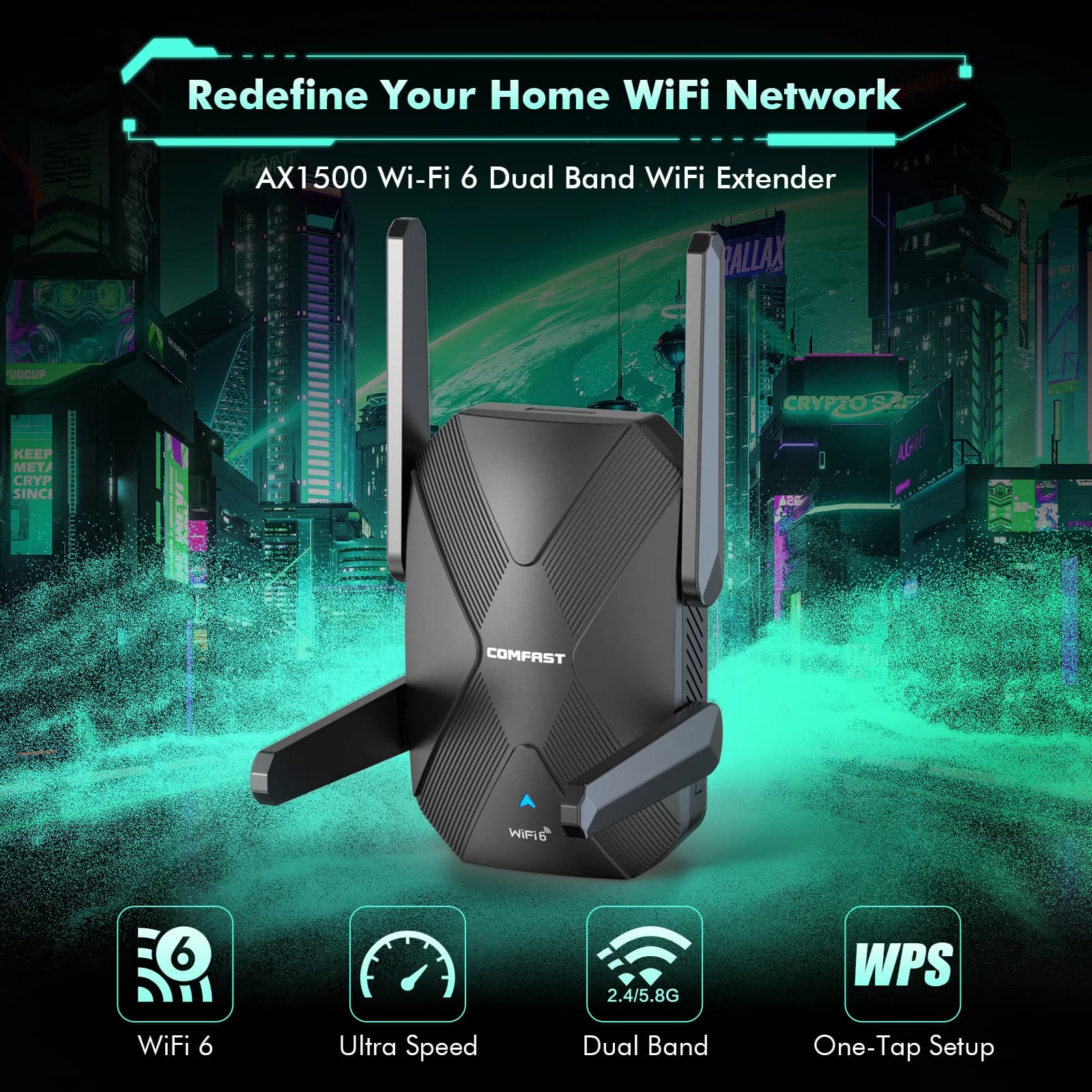 COMFAST Ripetitore WiFi6 1500Mbps 2.4G&5.8G, Estensore di Segnale WiFi, Router WiFi, Amplificatore a Lungo Raggio 100M, RJ45, Spina US/EU