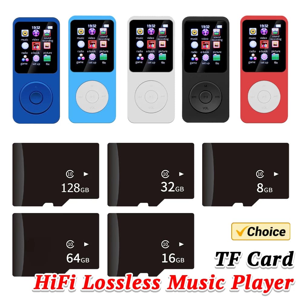 MP3 player with 1.8-inch screen, stereo music player, Bluetooth 5.0 compatible, integrated C-type speaker, FM radio support, e-book recording