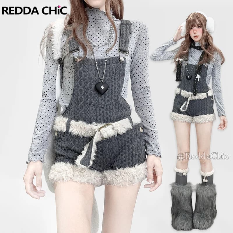 REDDACHiC Grunge Y2k Pantaloncini pelosi con cintura Pagliaccetti in maglia grigia vintage Cinghie regolabili Pantaloncini Tuta Abbigliamento invernale da donna