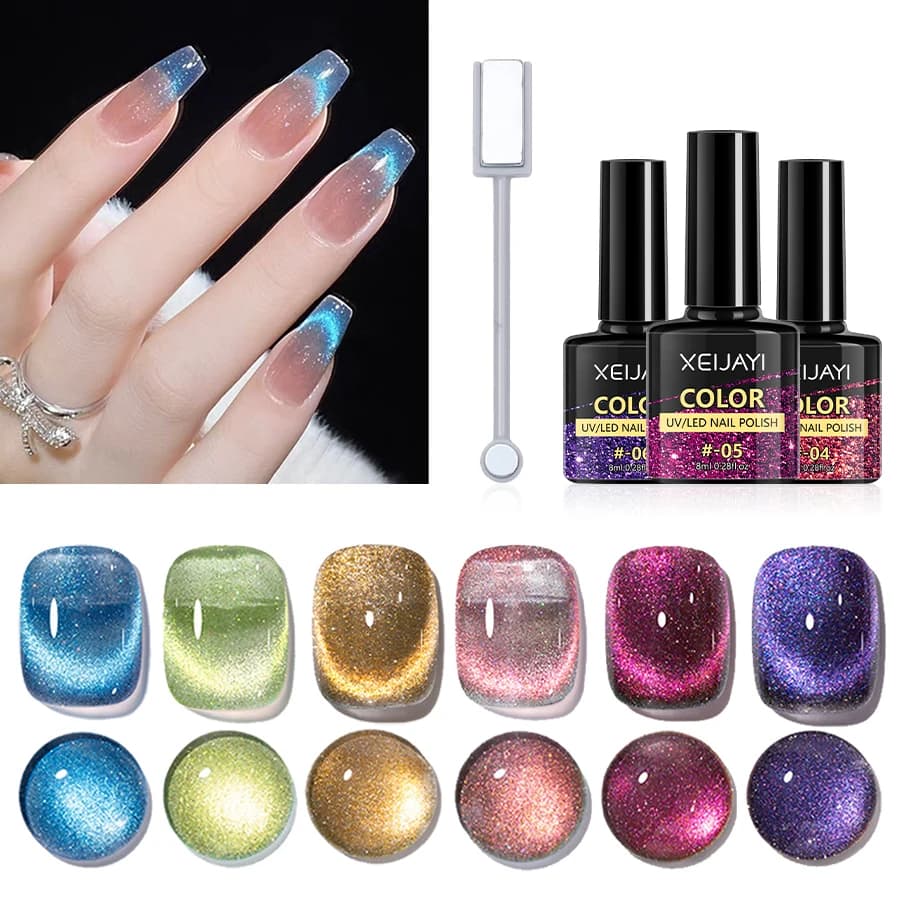 Set of nail polishes Cat Eye 6 pieces, reflective magnetic gel nail polish and stick, soak off Cat Eye Gel Polish Manicure Nail Art Gift F