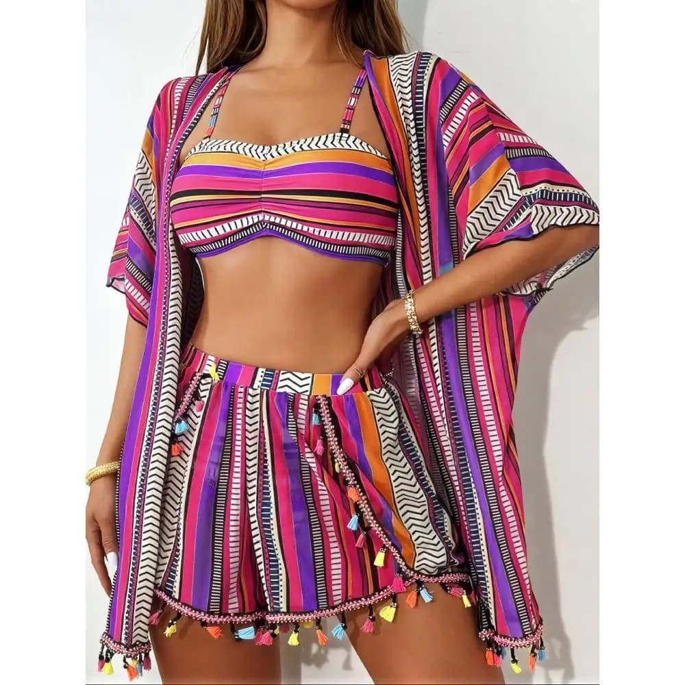 Cikini 4pcs Geometric Printed Ruffle Bikini Set Top And Bottom, Multi-Colored Fringe Shorts Bikini Set