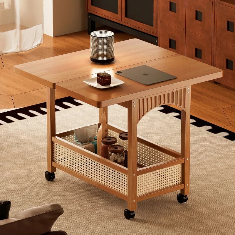 ‌Folding Wooden Side Table - Mobile Coffee Table for Living Room/Bedroom Foldable Sofa Table with Storage, Portable Nesting Cart